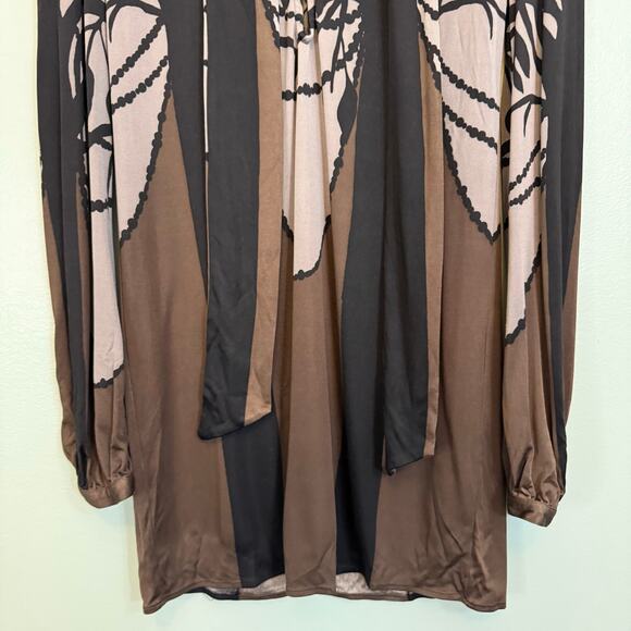 Mara Hoffman Mini Dress Womens S Brown Silk Abstract Long Sleeve Tie Neck Party - Picture 5 of 9